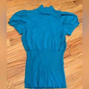 Vintage Express Blue Blouse with Fitted Puff Cap Sleeves; Buckle Embellisments